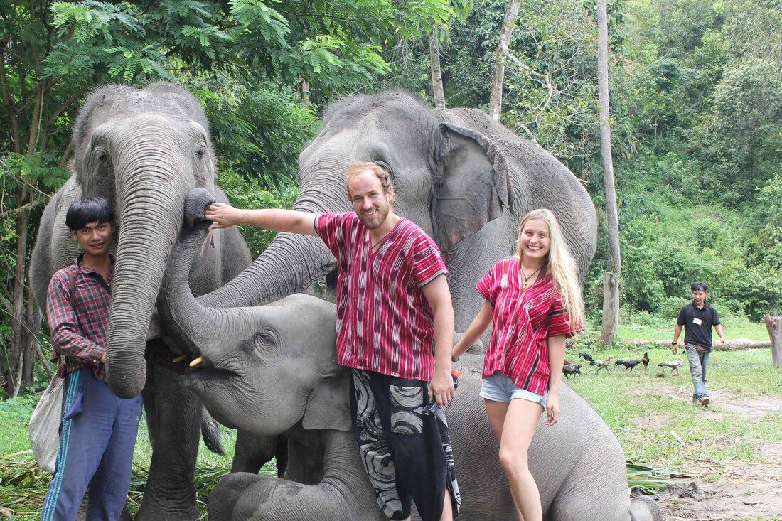 Des visiteurs en tenue traditionnelle karen avec les éléphants du sanctuaire
